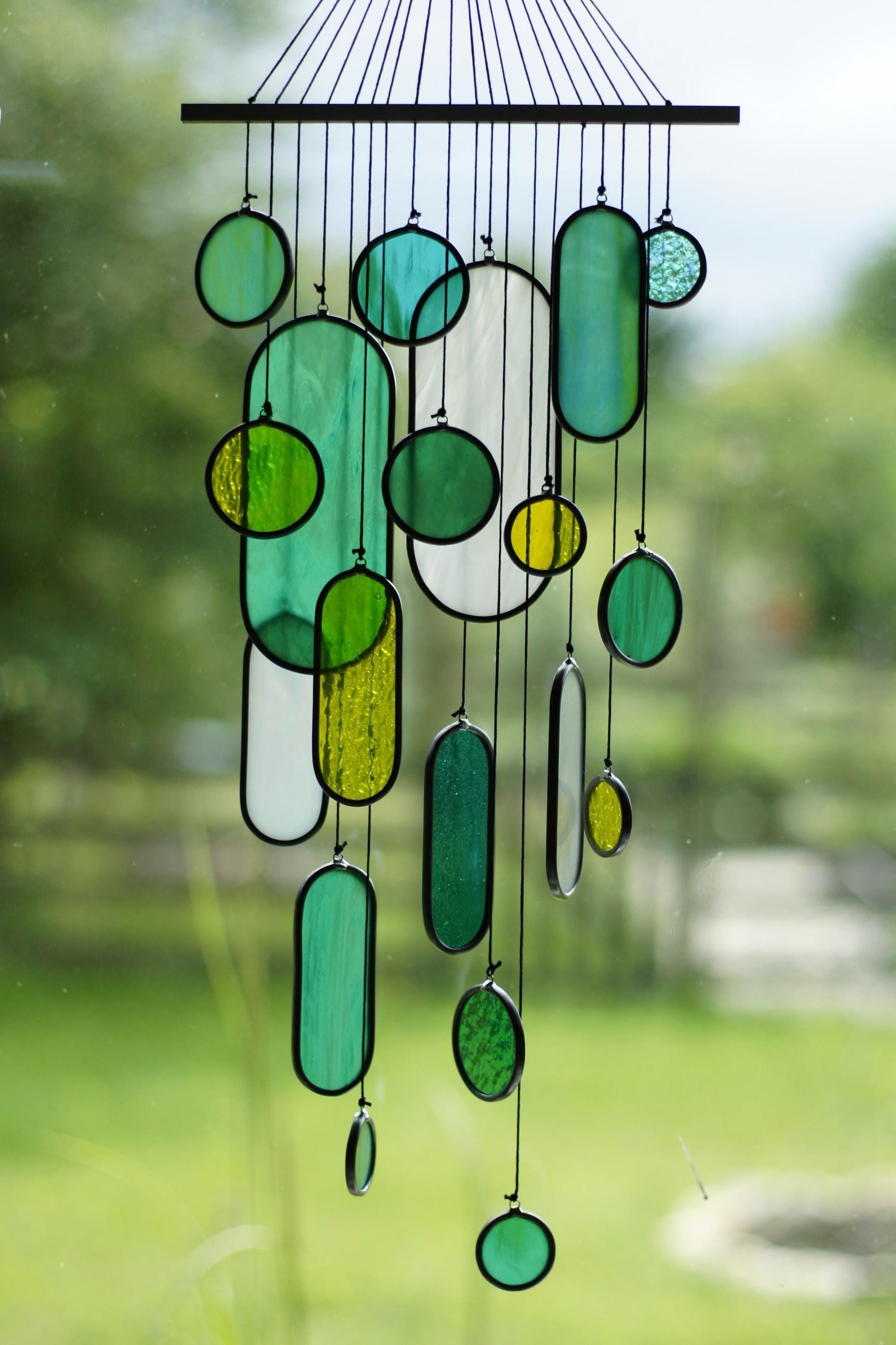 modern mobile stained glass suncatcher in shades of emerald, yellow & white, 70cmx25cm, handcrafted window hanging art