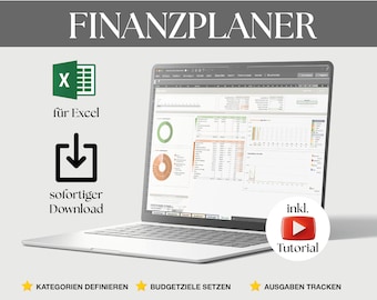 May include: A laptop displaying a financial planning spreadsheet with the text "FINANZPLANER". Icons include an Excel logo, a download symbol, and a YouTube tutorial button. Features include defining categories, setting budget goals, and tracking expenses.