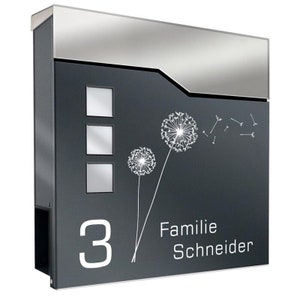 Gepersonaliseerde brievenbus met paardenbloem, huisnummer & uw naam, extra krantenvak, brievenbus, gepoedercoat verzinkt 60522.V1