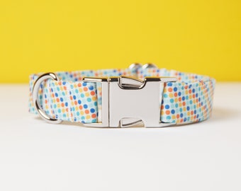 Obroża dla psa Polka Dots Rainbow - Obroża na zamówienie - Unikalny design - Srebrna metalowa klamra