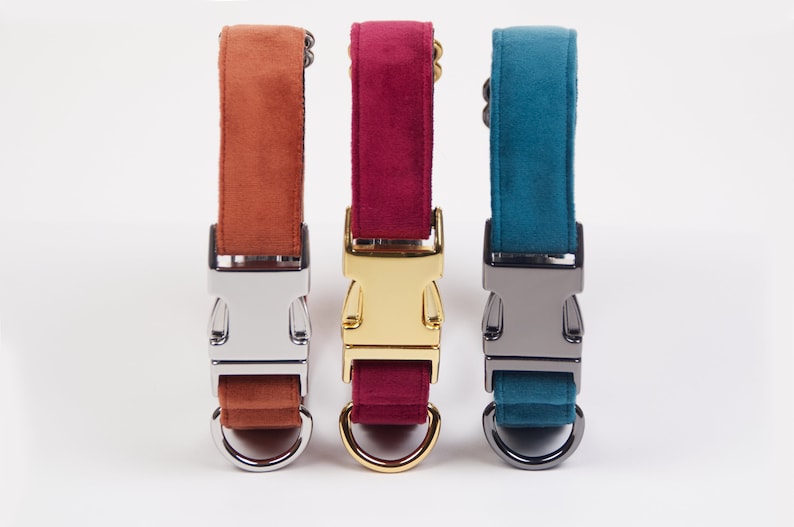 Pu&ograve; includere: Tre collari per cani in fila, ognuno con un colore e una fibbia diversi. Il primo &egrave; un collare color ruggine con una fibbia argentata. Il secondo &egrave; un collare bordeaux con una fibbia dorata. Il terzo &egrave; un collare verde acqua con una fibbia canna di fucile.