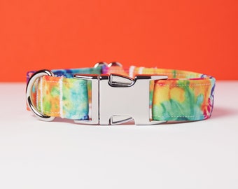 Obroża dla psa Tie Dye Rainbow - Wielokolorowa - Unikalny wzór - Czarna metalowa klamra