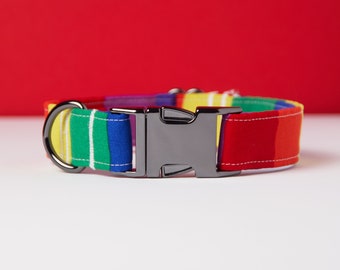 Obroża dla psa w kolorze tęczy - Wielokolorowa - Unikalny design - Czarna metalowa klamra