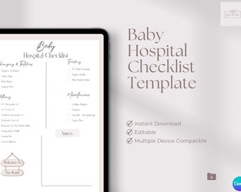 Könnte beinhalten: Eine druckbare Checklistenvorlage für einen Krankenhausaufenthalt für Babys. Die Checkliste ist in Abschnitte für Wickeln und Toilettenartikel, Füttern, Kleidung und verschiedene Artikel unterteilt. Die Vorlage ist editierbar und mit mehreren Geräten kompatibel. Der Text "Baby-Krankenhaus-Checklistenvorlage" befindet sich oben auf der Seite.