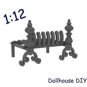 May include: A grey doll's house fireplace grate with decorative detailing. The grate features a rectangular base, vertical bars, and ornate finials. The text "1:12" is in the upper left corner, and "Dollhouse DIY" is at the bottom.