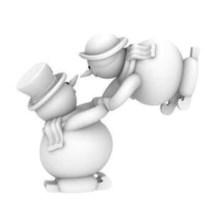 Puede incluir: Dos muñecos de nieve blancos con sombreros y bufandas están patinando sobre hielo. El muñeco de nieve de la izquierda está sosteniendo la mano del muñeco de nieve de la derecha y lo está levantando en el aire.