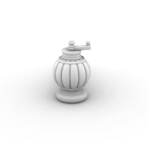 May include: White ceramic pepper mill with a ribbed body and a hand crank on top.