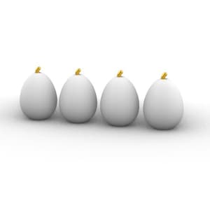 May include: Four white eggs with gold accents lined up in a row on a white background.