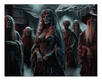 May include: A jigsaw puzzle featuring a spooky scene with several undead figures. The central figure is a zombie bride in a dark gown and veil, surrounded by other ghoulish characters with glowing red eyes. The background depicts a foggy, dilapidated town.