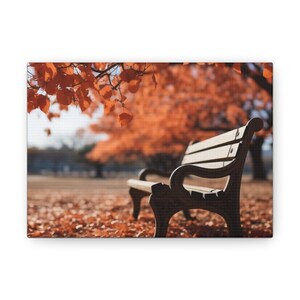 May include: A wooden park bench sits in a park with fallen orange leaves. The bench is empty and faces away from the viewer. The background is blurred and shows a tree with orange leaves.