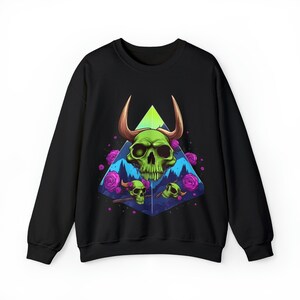 Horned Neon Halloween Skull with Roses Unisex Heavy Blend™ Crewneck Sweatshirt