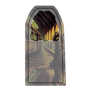 Könnte beinhalten: Eine künstlerische Illustration einer Frau in einem langen Kleid auf einem Bahnsteig. Das Bild hat einen Vintage-Stil mit einer Farbpalette aus Braun-, Grün- und Gelbtönen. Der obere Teil zeigt das Innere eines Bahnhofs.