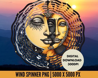 Celestial Moon Face Wind Spinner, Wall Art Boho Quarter Moon Sunflowers PNG File Digital Download, Moon Wind spinner PNG