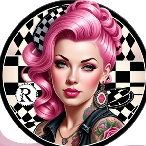 Rockabilly Girl 1950&#39;s Inspired PNG, Checkers Background, Vintage Rockabilly Girl Pinup Art Pink Hair, Retro Style Tattooed