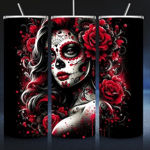 Rot & Schwarz Sugar Skull Girl 20 Unzen Skinny Tumbler Wrap - Tag der Toten Digitaler Download PNG