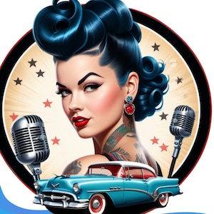 Retro Vintage 1950s Clipart| Rockabilly Girl 1950&#39;s Inspired PNG, Vintage Rockabilly Girl Pinup Art Blue Hair, Retro Style Tattooed