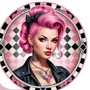 Rockabilly Girl 1950&#39;s Inspired PNG, Checkers Background, Vintage Rockabilly Girl Pinup Art Pink Hair, Retro Style Tattooed