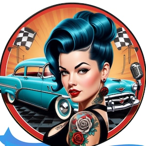 Rockabilly Girl 1950&#39;s Inspired PNG, Vintage Rockabilly Girl Pinup Art Blue Hair, Retro Style Tattooed