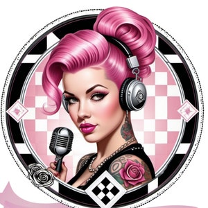 Retro Vintage 1950s Clipart| Rockabilly Girl 1950&#39;s Inspired PNG, Checkers Background, Vintage Rockabilly Girl Pinup Art Pink Hair Tattooed