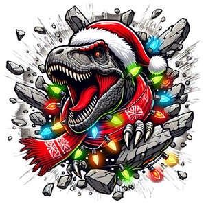 Impressão de arte PNG de dinossauro T-Rex de Natal - Download digital festivo engraçado, chapéu de Papai Noel, luzes de Natal, decoração de Natal exclusiva, design de sublimação