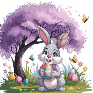 Lapin de Pâques PNG - Joli lapin avec des oeufs de Pâques et un arbre violet, art numérique pour sublimation et décoration