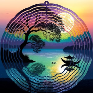 Wind Spinner Pesca barca acqua Luna Arte Riflessione File PNG Download digitale, Wind Spinner PNG design, Luminous Silhouette design PNG,