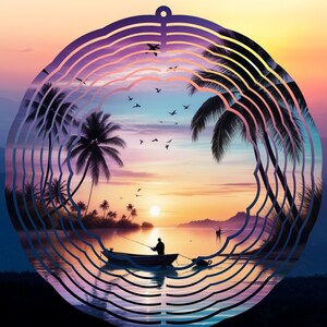 Wind Spinner Pescatore barca acqua Luna Arte Riflessione File PNG Download digitale, Wind Spinner PNG design, Palma Riflessione luna PNG,