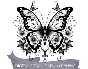 Whimsical Butterfly Tattoo Design PNG Digital Download High Resolution, Elegant Butterfly Art Print, Instant Download Tattoo Design