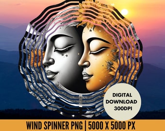 Celestial Moon Faces Wind Spinner, Wall Art Boho Quarter Moon Sunflowers PNG File Digital Download, Moon Wind spinner PNG