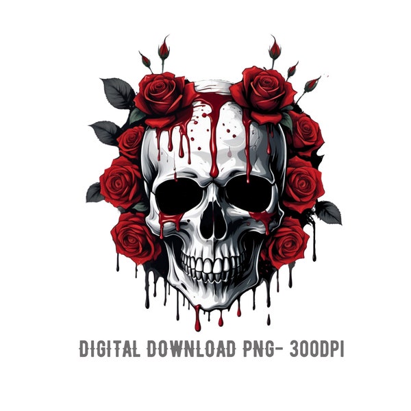 Skull Red Roses PNG, Skull design digital download clipart, png for shirts mugs cushions, wind spinner design, Halloween png, Gothic art