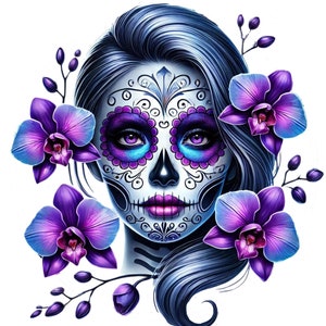 Tag der Toten Totenkopf mit lila Orchideen - Zuckerschädel Digitaler Download zum Ausdrucken PNG, La Catrina Girl Sublimationsdesign