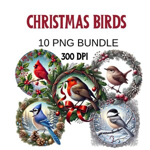 Lot de 10 images de Noël oiseaux pour les fêtes de fin d'année | Conception circulaire festive | T-shirt et tasse en téléchargement numérique, projets de cartes de Noël DIY