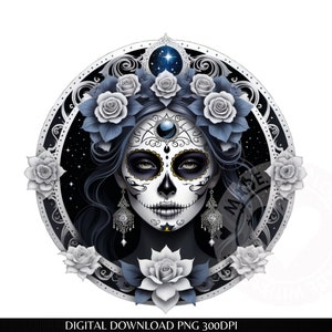 Zuckerschädel PNG, Tag des Toten Digitaler Download, La Catrina Mädchen, Tag des Toten Mädchens, Erinnerung Engel Schädel Mädchen, Blumen Schädel Make-up