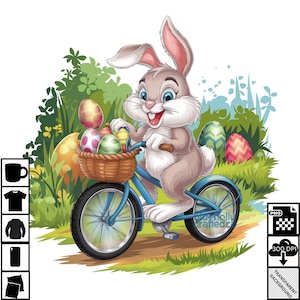 Lapin de Pâques à vélo avec des oeufs - PNG à téléchargement numérique pour des t-shirts, des tasses et des créations DIY, des cartes, un design de t-shirt lapin mignon