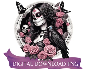 Day of the Dead PNG, Digital Download, La Catrina Girl, Sugar Skull PNG, Day of the Dead girl, Pink Roses, Remembrance Angel Skull girl