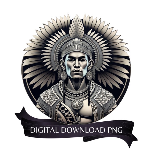 Aztec  Warrior Art in Silver Tones - Printable PNG for DIY Projects, Digital Download of Male Aztec Warrior- Printable Art, Instant Access