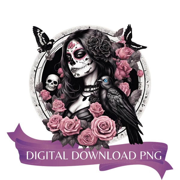 Day of the Dead PNG, Digital Download, La Catrina Girl, Sugar Skull PNG, Day of the Dead girl, Pink Roses, Remembrance Angel Skull girl