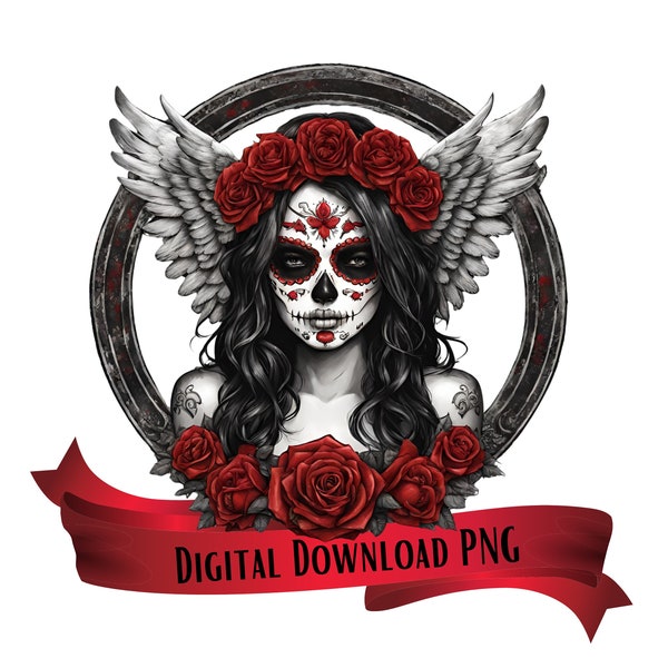 Day of the Dead PNG, Digital Download, La Catrina Girl, Sugar Skull PNG, Day of the Dead girl, Angel wings, Remembrance Angel Skull girl