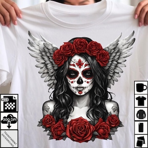 Tag der Toten PNG, digitaler Download, La Catrina Mädchen, Zuckerschädel PNG, Tag des Toten Mädchens, Engelsflügel, Erinnerung Engelsschädel Mädchen