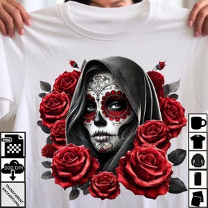 Tag der Toten Sugar Skull Frau mit roten Rosen | Halloween Kunst | 300DPI | Digitaler Sofort Download