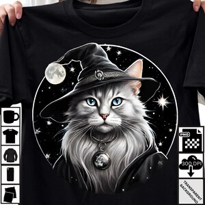 Chat sorcier mystique PNG - chat sorcier magique avec chapeau et lune art numérique pour sublimation & vêtements cadeau pour amoureux des chats, téléchargement numérique