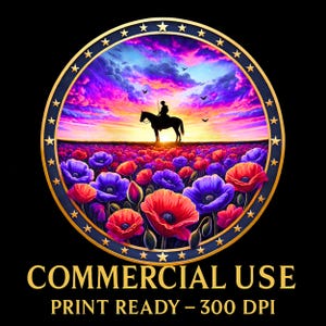 Cheval commémoratif PNG, soldat à cheval au coucher du soleil, art du souvenir des champs de coquelicots, hommage militaire téléchargement numérique, circulaire PNG pour sublimation