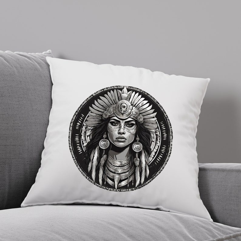 May include: A black and white illustration of a Native American woman wearing a headdress with feathers and a beaded necklace. The illustration is in a circle with a geometric pattern.