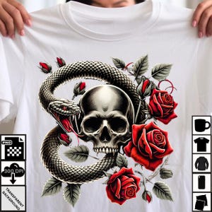 Design de caveira gótica, cobra e rosas PNG Design| Download digital de Halloween - camisas, canecas, almofadas, Sublimação PNG