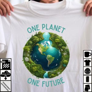 May include: White t-shirt with a green and blue graphic of the Earth with the text "One Planet One Future" in teal.