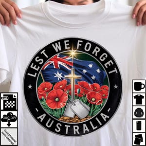Lest We Forget Australia PNG – Poppy Cross Memorial Clipart | ANZAC Day Sublimation Design for Shirts, Mugs & Tributes and Gifts