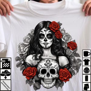 Tag der Toten Totenkopf Frau | Gothic Zuckerschädel Kunst | Rote Rosen Weiblich | Digitaler Download | Dia de los Muertos PNG | Sublimation Clipart