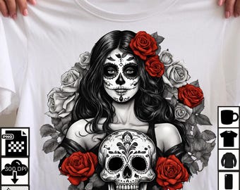 Gothic Sugar Skull Woman PNG | Day of the Dead Clipart (Digital Download)