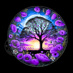 Peut inclure: Illustration circulaire d'un arbre devant une pleine lune et un coucher de soleil, entouré de coquelicots violets. L'arbre a des accents violets, et la scène est encadrée par une bordure de fleurs violettes et de feuilles vertes.