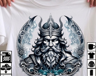 Poséidon, dieu grec de la mer PNG. Conception de tatouage (téléchargement numérique)